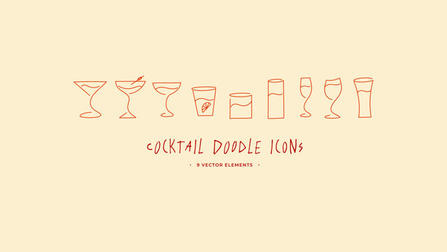 Cocktail doodle menu icon design vector set. Applicable for poster, flyer, banner, digital, card