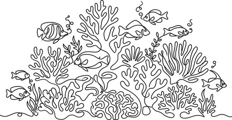 Continuous line drawing of coral reef and exotic tropical fish. © Hyiu
