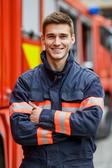Fototapeta premium Smiling young firefighter standing with crossed arms in front of a red fire truck. Confident male rescuer in uniform posing outdoors on a blurred station background