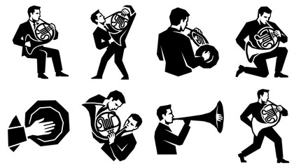 Musicians Playing French Horn, Silhouette Icons Set © goeng_art