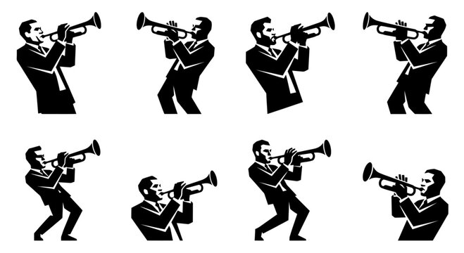Jazz Musician Silhouette Playing Trumpet, Black and White Vector Icons