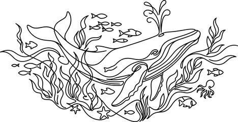Obraz premium Continuous line art illustration of a humpback whale in the ocean.
