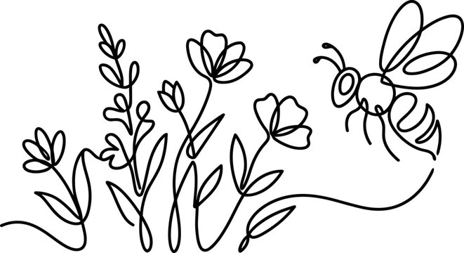 Continuous line art of a bee flying near wild flowers.