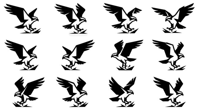 Eagle Silhouette Set: Dynamic Flight and Landing Poses