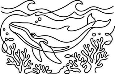 Obraz premium Continuous line art illustration of a majestic whale swimming underwater.