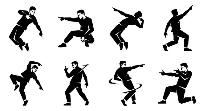 Silhouette dancers pointing in dynamic poses, isolated on white background