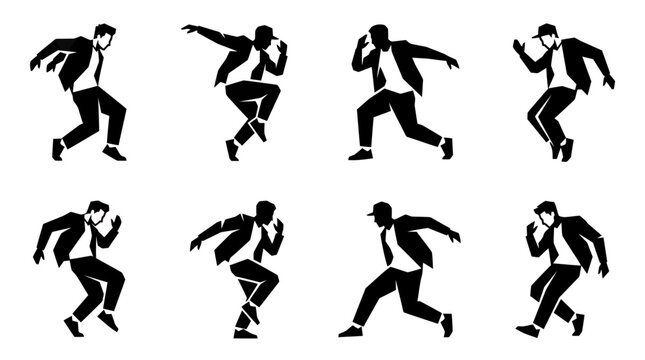 Silhouette Dancers in Dynamic Poses, Hip Hop Style, Isolated on White Background