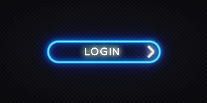 Neon blue glowing Login button with arrow on dark transparent background. Bright rounded web UI element for website, app or game interface design.