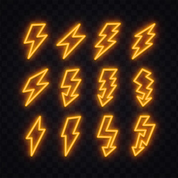 Set of 12 neon orange glowing lightning bolt icons in multiple shapes on dark transparent background. Fiery electric thunder symbols for game, sport, energy or power brand design.