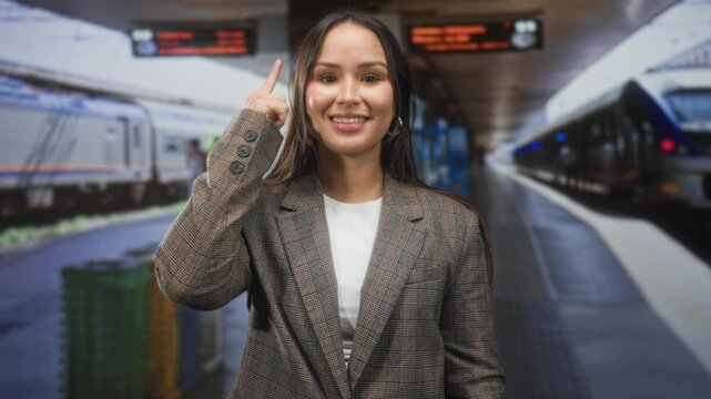 Woman smiling points finger to temple beside train on platform in building wearing checked blazer and hoop earrings; confidence travel ease.