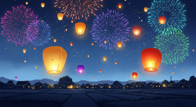 Night Sky with Floating Lanterns and Fireworks Display