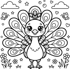 Fototapeta premium Coloring page Coloring page Cartoon peacock bird with spread tail feathers and cute face surrounded by flowers and butterflies