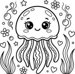 Coloring page Coloring page Cute cartoon jellyfish smiling with seaweed and ocean decorations around it © Md Imran