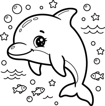 Coloring page Coloring page black and white illustration of smiling dolphin swimming with fish and bubbles underwater scene
