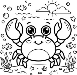 Fototapeta premium Coloring page Coloring page A cartoon crab with big eyes and claws in the ocean with fish and seaweed