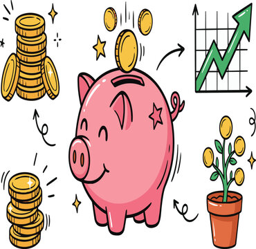 Cute Cartoon Piggy Bank with Gold Coins Money Savings Finance Investment Banking Cash Currency Vector Illustration for Business and Financial Success