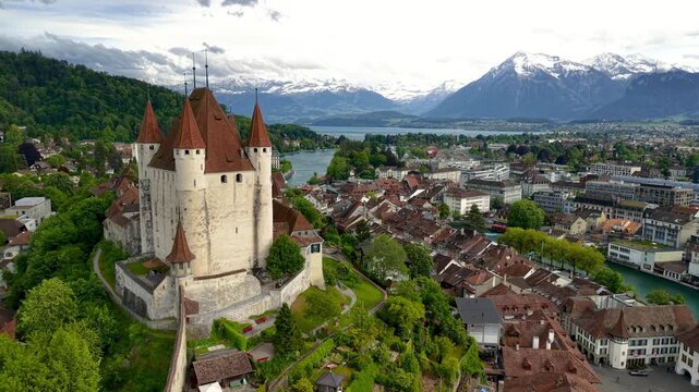 Aerial view of Thun Castle overlooking the city and lake