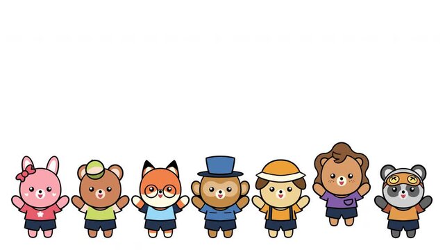 Cute animal animations jumping in a row, endless loading screens for the app.