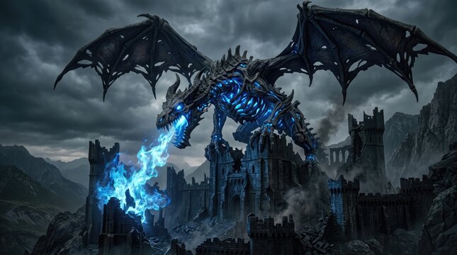 Blue fire dragon attacking a dark gothic castle.