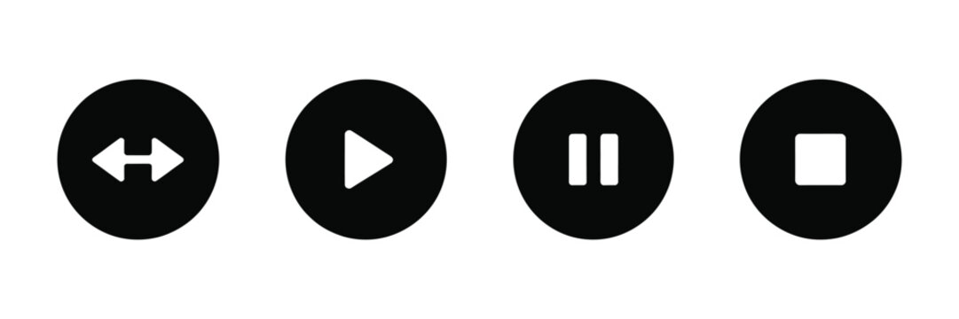 Playback control icons set with circular solid media buttons for play pause stop and navigation controls