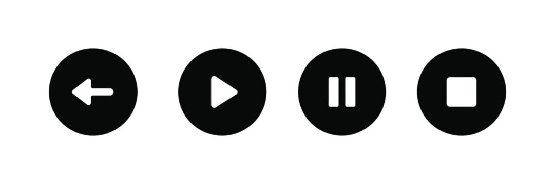 Media player control icon set featuring play pause stop next previous rewind and replay buttons in solid circular style