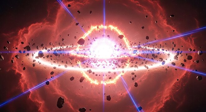 Cosmic supernova explosion with asteroids and energy rings.