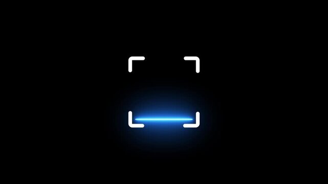 Glowing blue laser scanner frame on a dark black background representing digital security technology and face recognition scanning process