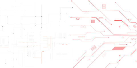 Obraz premium Abstract digital circuit board lines and shapes on a white background with red accents technology