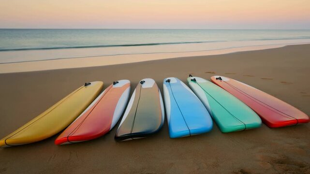 colorful surfboards arranged on the beach with ocean view and relaxed atmosphere during a summer vacation period, featuring wooden surfboards and a serene sunset sky.