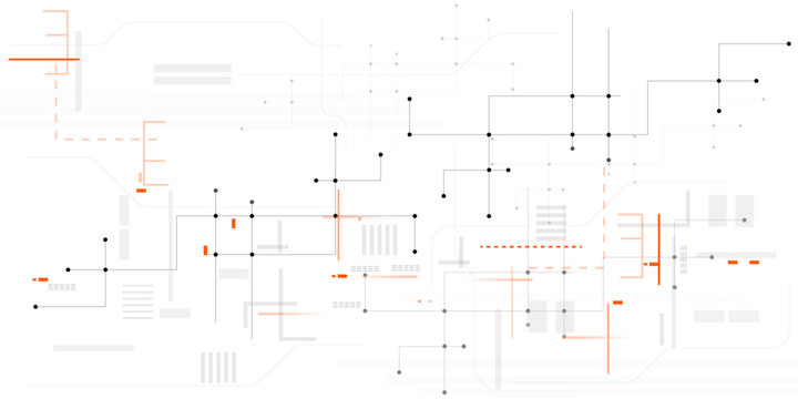 Abstract network lines and geometric shapes with orange accents on white background