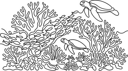 Continuous line art illustration of sea turtles swimming among coral reefs. © Rahmat