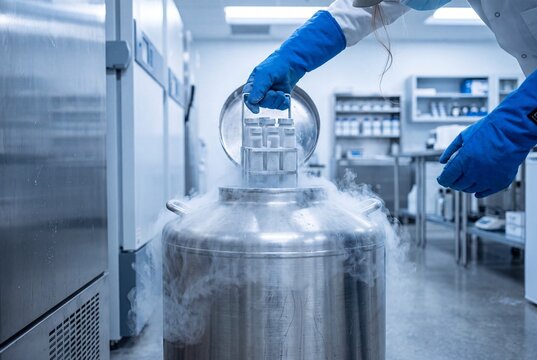 Gloved hands lifting a frost-covered sample rack from a liquid nitrogen cryogenic storage dewar with vapor