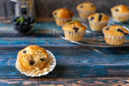 Blueberry Muffin on Rustic Wooden Table. Fresh homemade blueberry muffin photographed on rustic blue wooden background