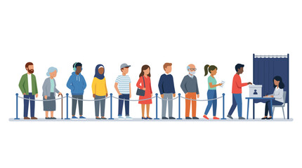 Fototapeta premium Diverse group of people in a line waiting to vote at a polling station illustration