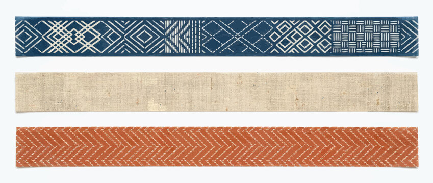 Three decorative fabric tapes with ethnic patterns in blue, beige, and terracotta
