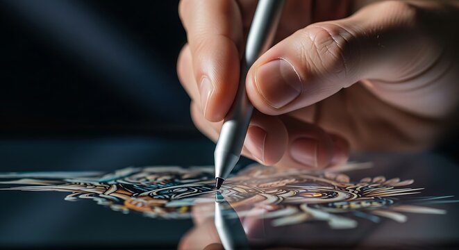 Close-up of hand using stylus on digital art creation.