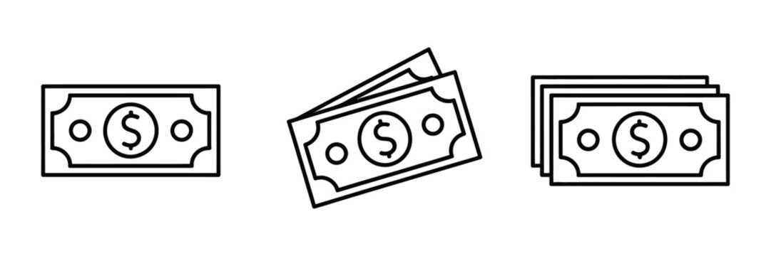 currency note icon set featuring dollar banknotes stacked cash and deposit payment symbols