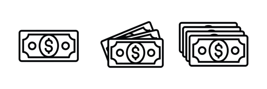 Banknote line icons set with dollar cash stacks for deposit payment and account balance concepts