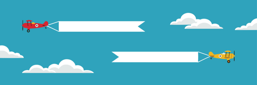Two cartoon biplanes flying with blank banners against a blue sky with clouds airplane flag