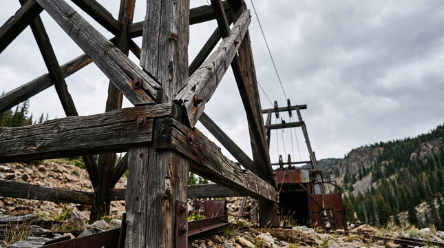 Abandoned mine headframe with sturdy timber structure in mountainous landscape showcasing cloudy sky. Historical mining equipment remains a significant part of outdoor exploration in abandoned sites.