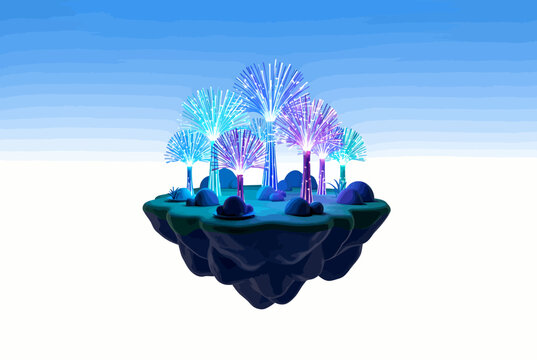 Floating Fantasy Island With Glowing Crystal Trees.