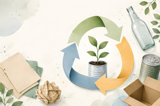 Colorful recycling arrows around a small plant with paper cardboard bottle and cans for waste reduction and resource cycle themes