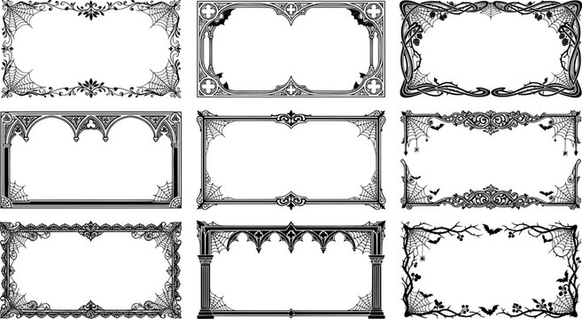 Set of decorative gothic frames with spider webs, bats and ornate patterns for halloween design transparent background