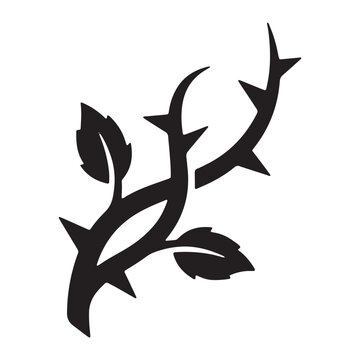 Black silhouette of a thorny rose stem with leaves botanical silhouette illustration isolated