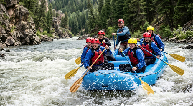 Group of friends white water rafting on a fast flowing river. Happy people in helmets and life vests paddling a blue raft through rapids