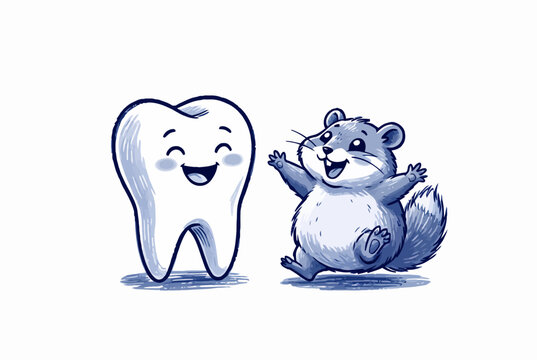 Smiling Tooth Mascot With Friendly Cartoon Squirrel.