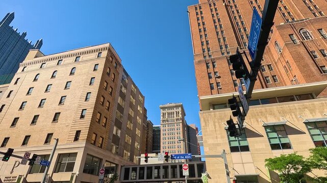 footage of Skyscrapers and office buildings in the skyline in Pittsburgh Pennsylvania USA