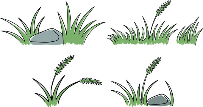 Green grass tufts with stones and wheat ears icon set, sketchy doodle wild nature vector template