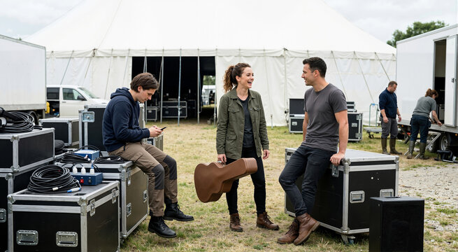 Musicians and crew gathering backstage at an outdoor festival. People talking and setting up equipment near a large white event tent