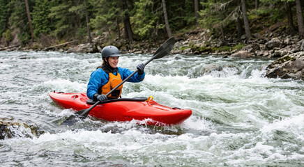 Obraz premium Woman paddling a red kayak through whitewater river rapids. Extreme outdoor adventure and water sports activities